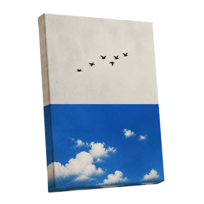 Flight Above the Blue, beige, blue, black nature wall art shown as a stretched canvas wall art