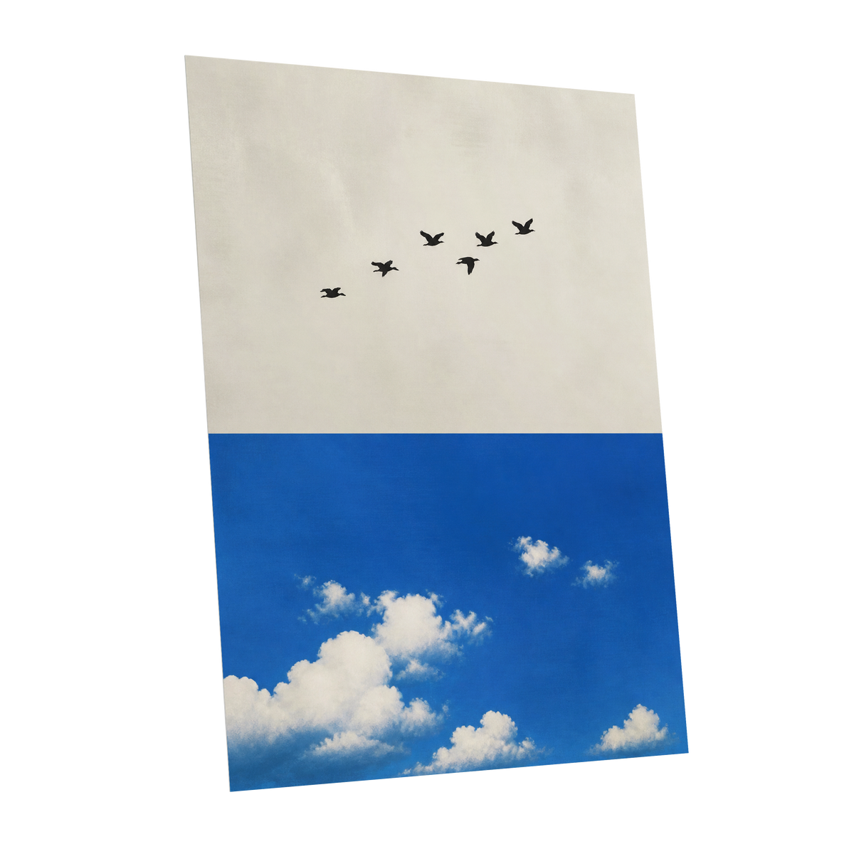 Flight Above the Blue, beige, blue, black nature wall art shown as a unframed poster wall art print