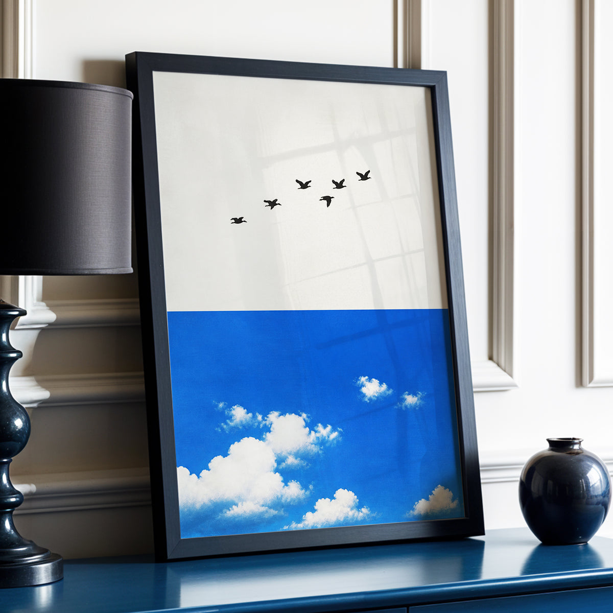 Flight Above the Blue, beige, blue, black nature wall art displayed in a styled interior, gallery view 2