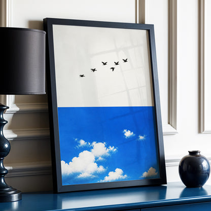 Flight Above the Blue, beige, blue, black nature wall art displayed in a styled interior, gallery view 2