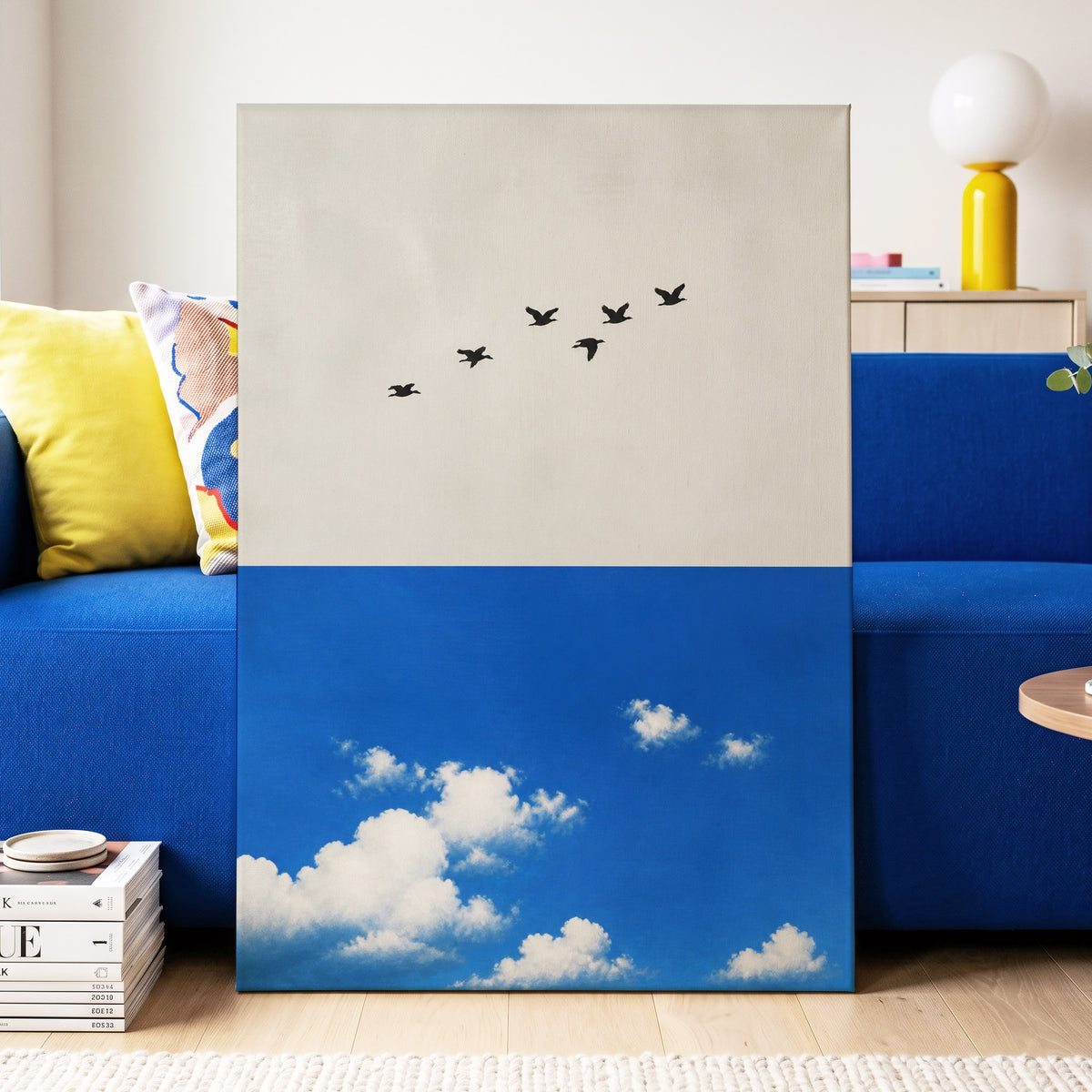 Flight Above the Blue, beige, blue, black nature wall art displayed in a styled interior, gallery view 3