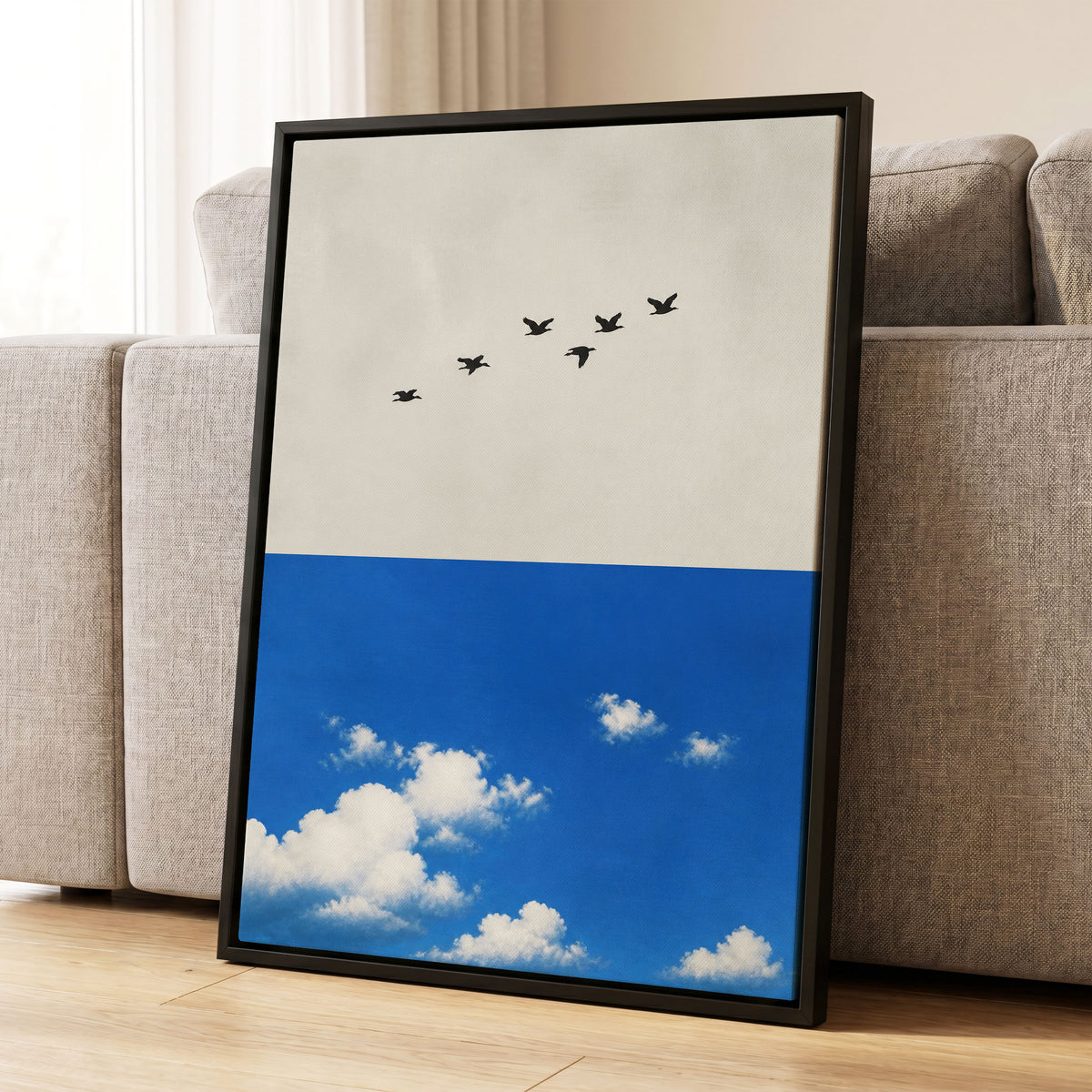 Flight Above the Blue, beige, blue, black nature wall art displayed in a styled interior, gallery view 4