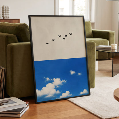 Flight Above the Blue, beige, blue, black nature wall art displayed in a styled interior, gallery view 6