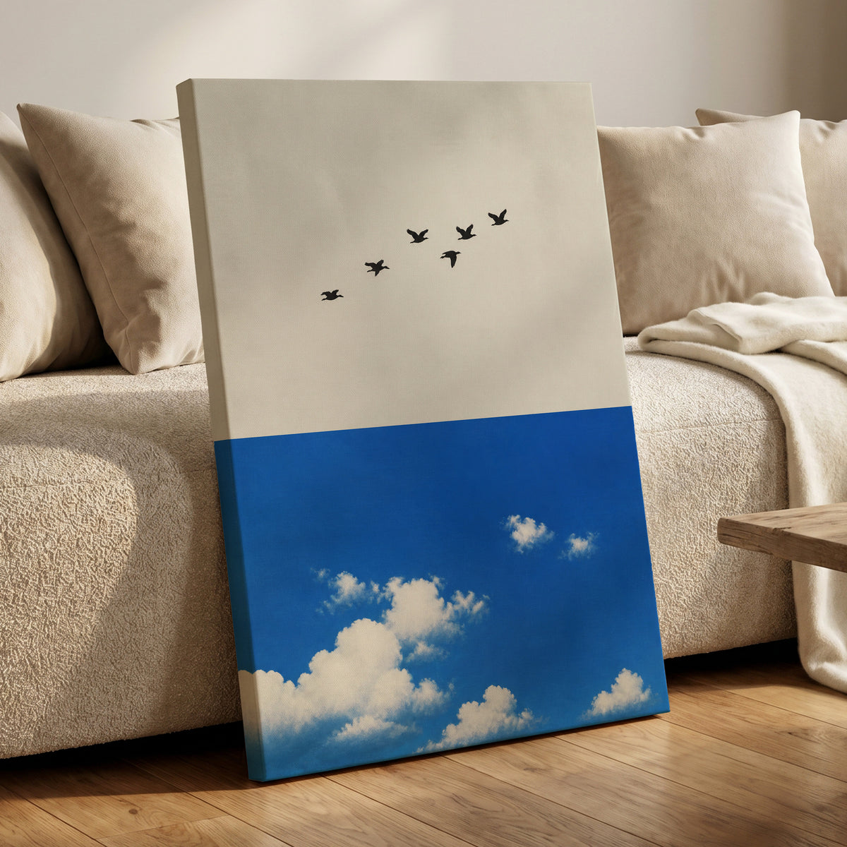 Flight Above the Blue, beige, blue, black nature wall art displayed in a styled interior, gallery view 7