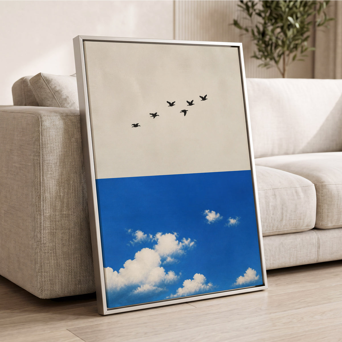 Flight Above the Blue, beige, blue, black nature wall art displayed in a styled interior, gallery view 8