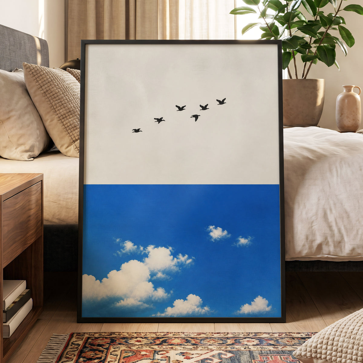 Flight Above the Blue, beige, blue, black nature wall art displayed in a styled interior, gallery view 9