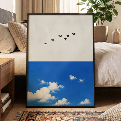 Flight Above the Blue, beige, blue, black nature wall art displayed in a styled interior, gallery view 9