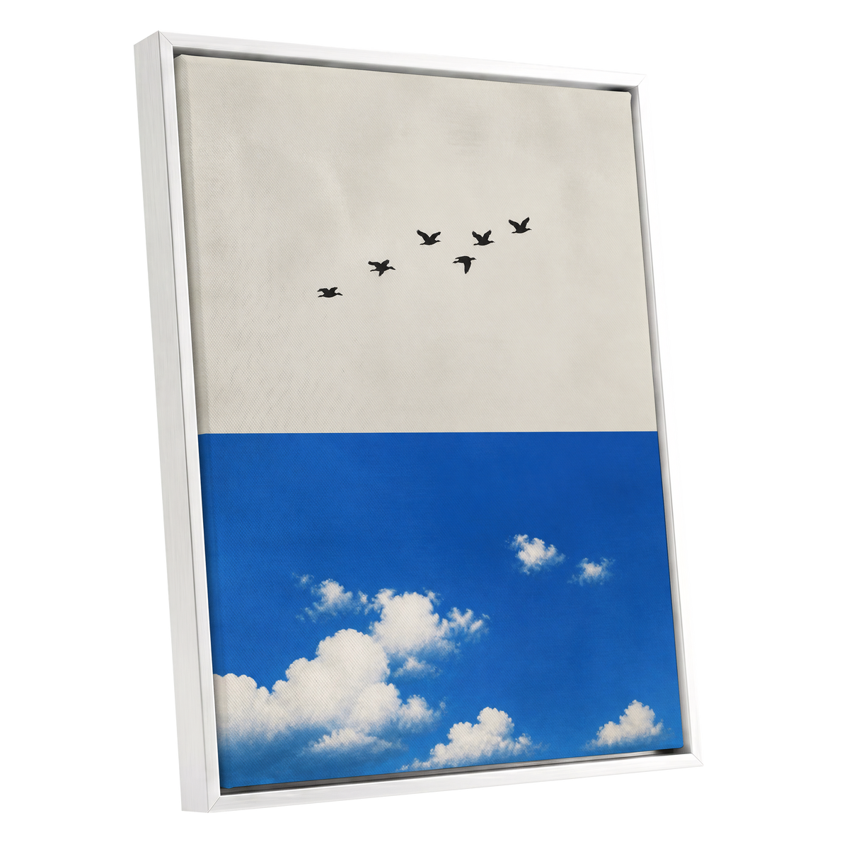 Flight Above the Blue, beige, blue, black nature wall art shown as a white framed canvas wall art