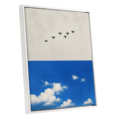 Flight Above the Blue, beige, blue, black nature wall art shown as a white framed canvas wall art