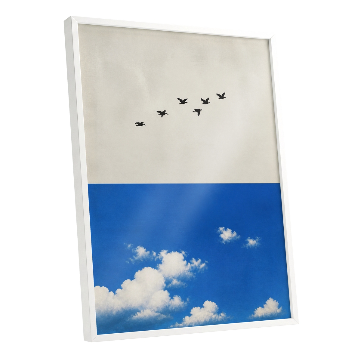 Flight Above the Blue, beige, blue, black nature wall art shown as a white framed poster wall art print