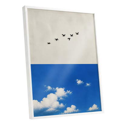 Flight Above the Blue, beige, blue, black nature wall art shown as a white framed poster wall art print