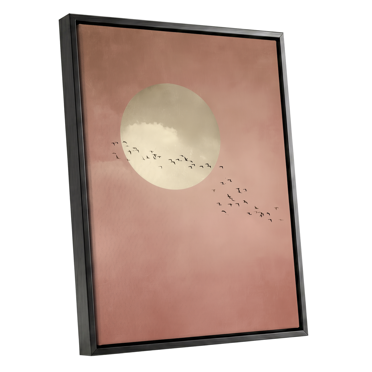 Flight Across Blush, pink, beige, white nature wall art shown as a black framed canvas wall art