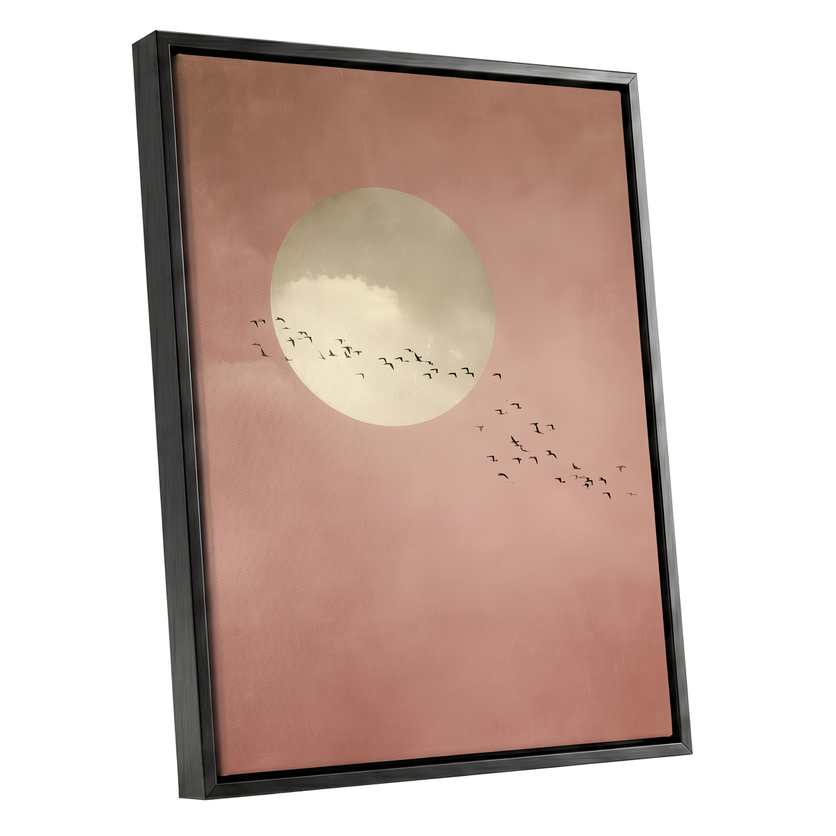 Flight Across Blush, pink, beige, white nature wall art shown as a black framed canvas wall art