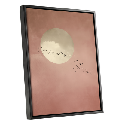 Flight Across Blush, pink, beige, white nature wall art shown as a black framed canvas wall art