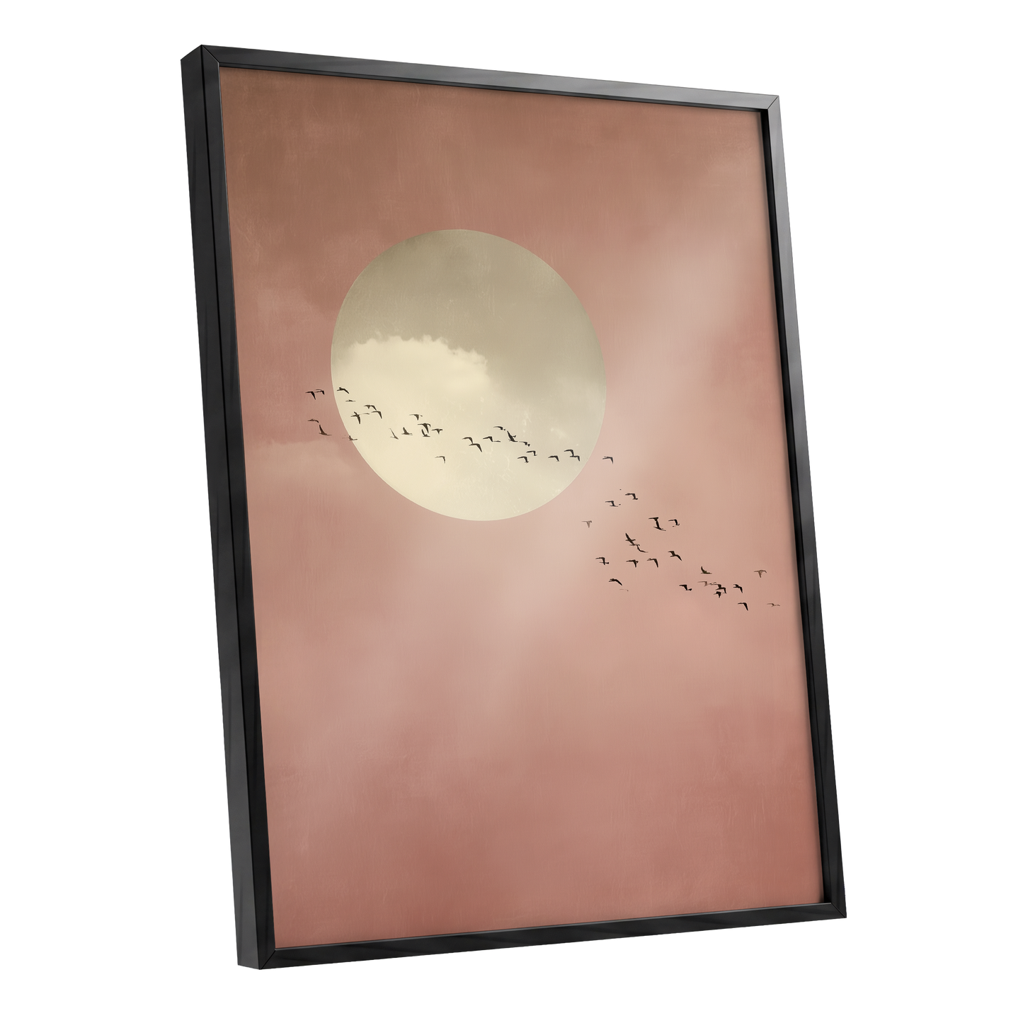 Flight Across Blush, pink, beige, white nature wall art shown as a black framed poster wall art print