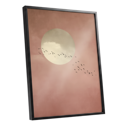 Flight Across Blush, pink, beige, white nature wall art shown as a black framed poster wall art print
