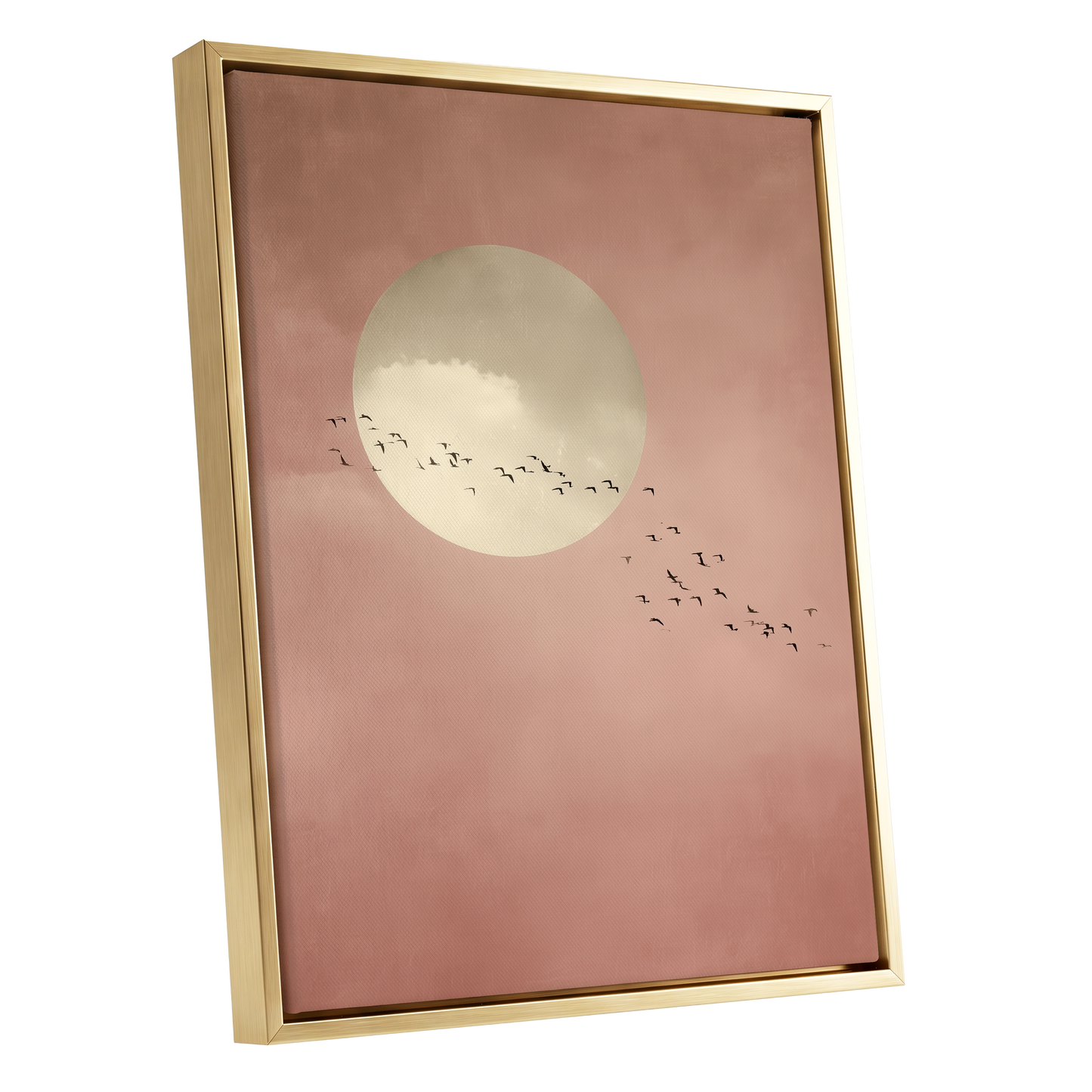 Flight Across Blush, pink, beige, white nature wall art shown as a gold framed canvas wall art