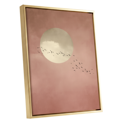 Flight Across Blush, pink, beige, white nature wall art shown as a gold framed canvas wall art