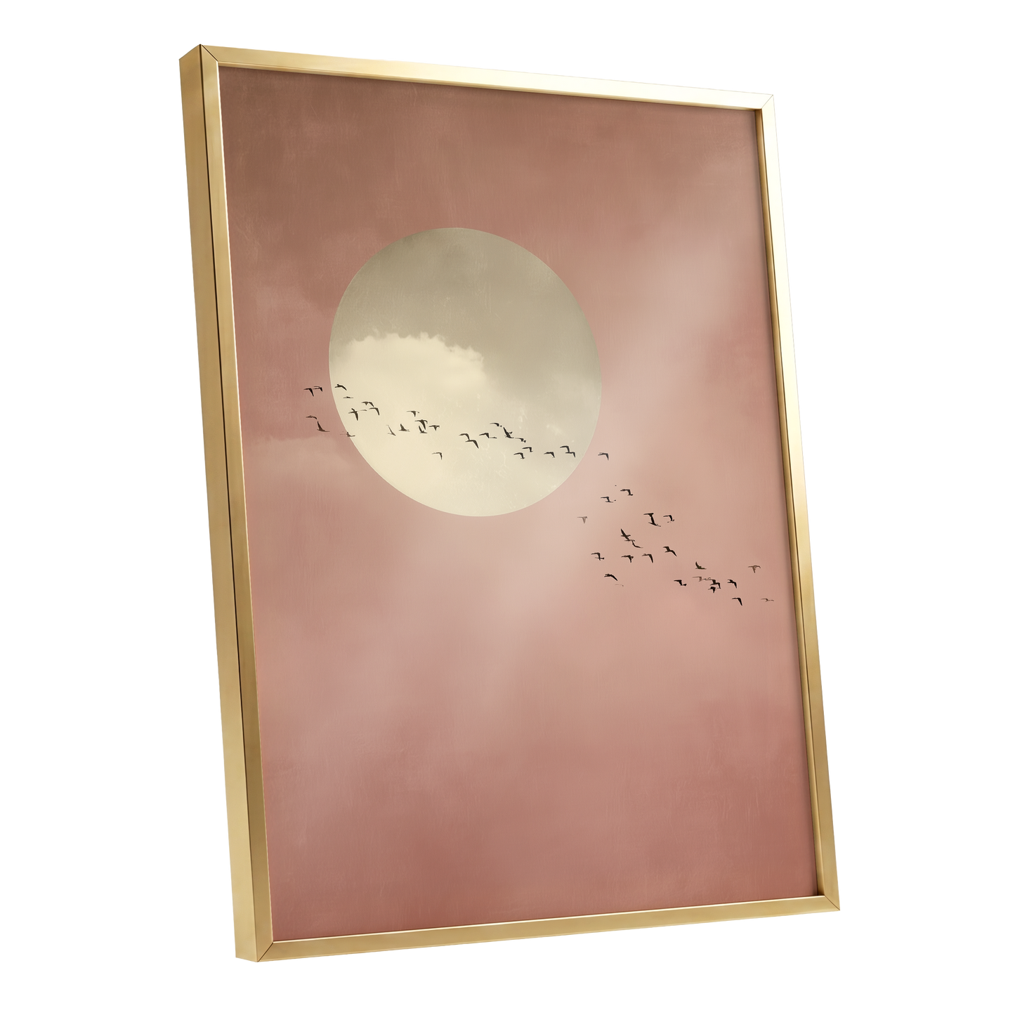 Flight Across Blush, pink, beige, white nature wall art shown as a gold framed poster wall art print
