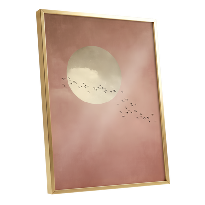Flight Across Blush, pink, beige, white nature wall art shown as a gold framed poster wall art print