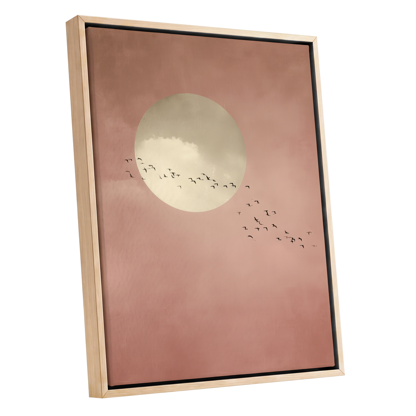 Flight Across Blush, pink, beige, white nature wall art shown as a oak framed canvas wall art