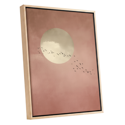 Flight Across Blush, pink, beige, white nature wall art shown as a oak framed canvas wall art