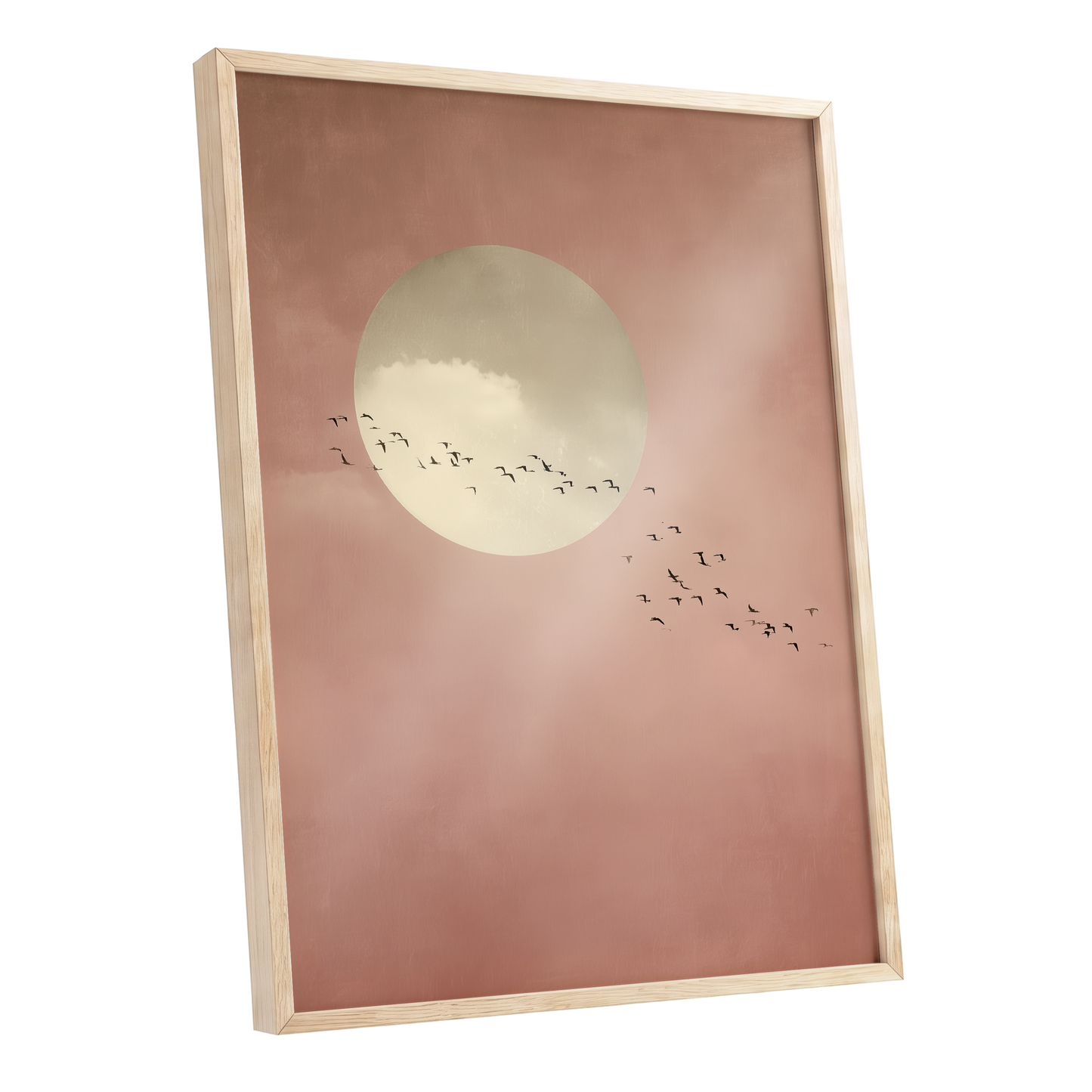 Flight Across Blush, pink, beige, white nature wall art shown as a oak framed poster wall art print