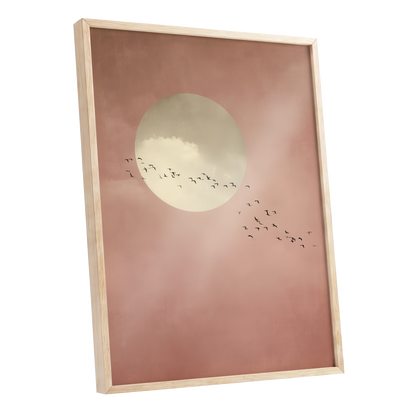 Flight Across Blush, pink, beige, white nature wall art shown as a oak framed poster wall art print