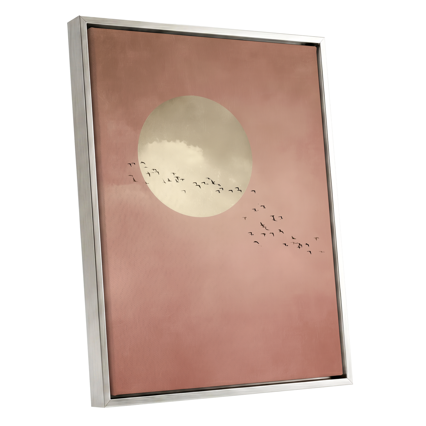 Flight Across Blush, pink, beige, white nature wall art shown as a silver framed canvas wall art