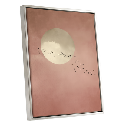 Flight Across Blush, pink, beige, white nature wall art shown as a silver framed canvas wall art