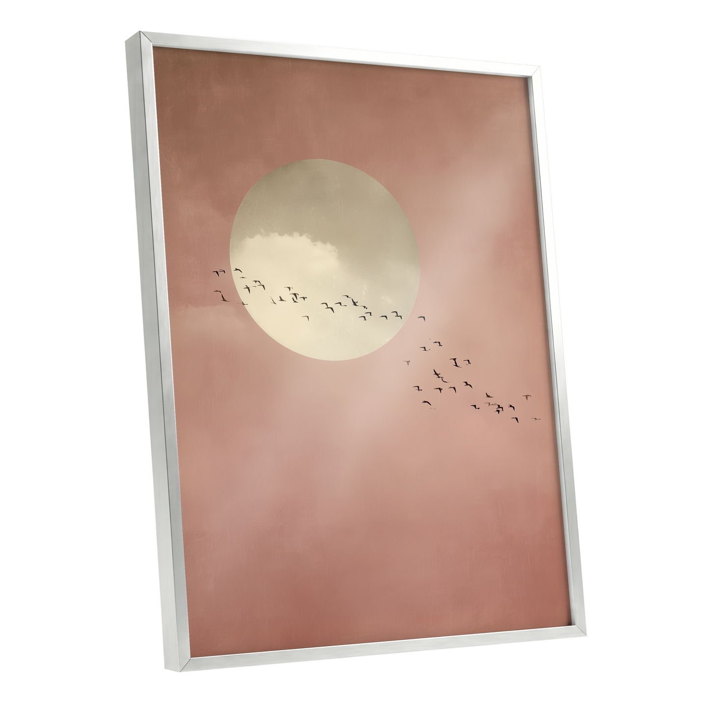 Flight Across Blush, pink, beige, white nature wall art shown as a silver framed poster wall art print