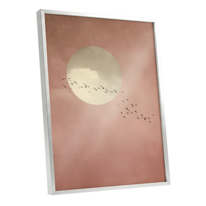 Flight Across Blush, pink, beige, white nature wall art shown as a silver framed poster wall art print