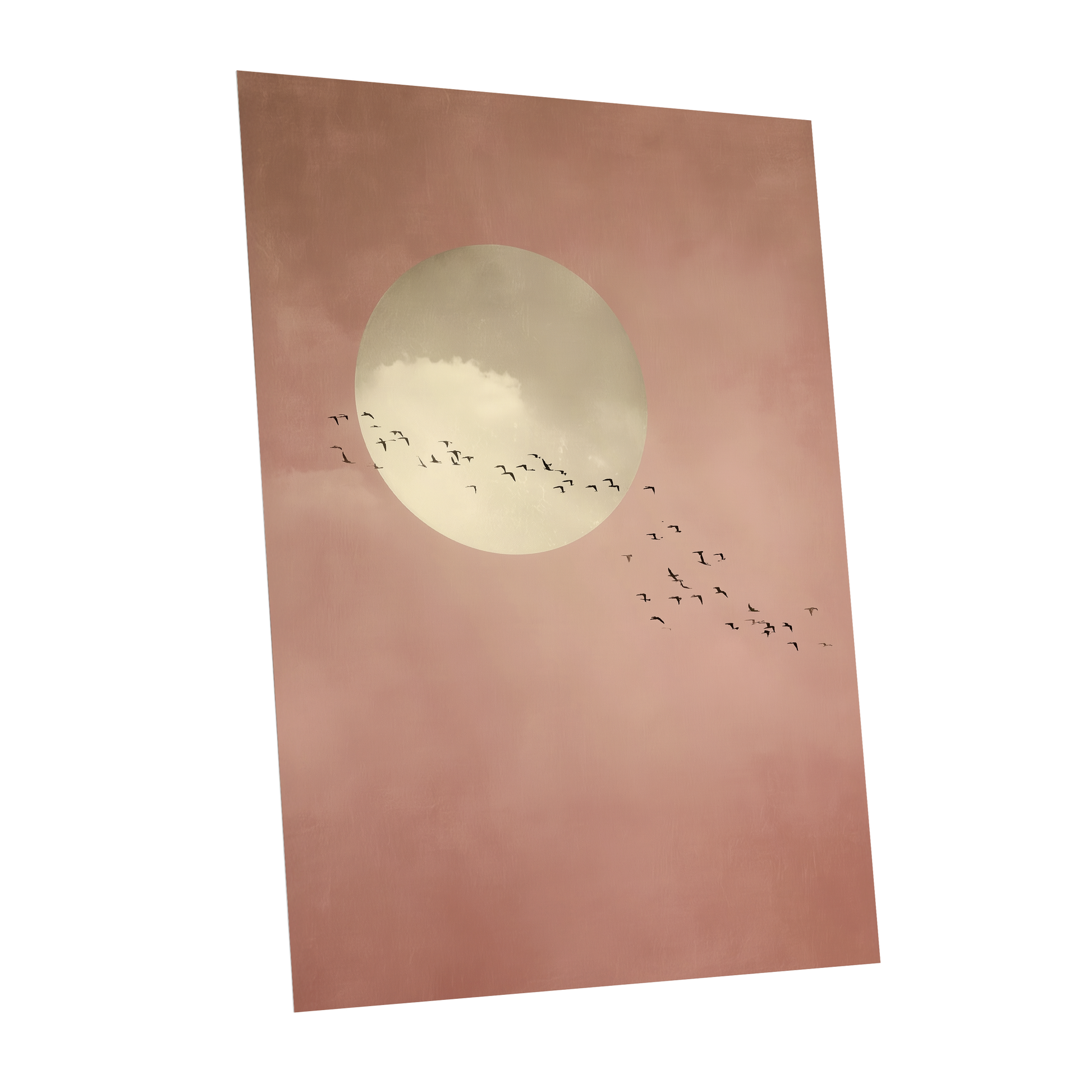 Flight Across Blush, pink, beige, white nature wall art shown as a unframed poster wall art print
