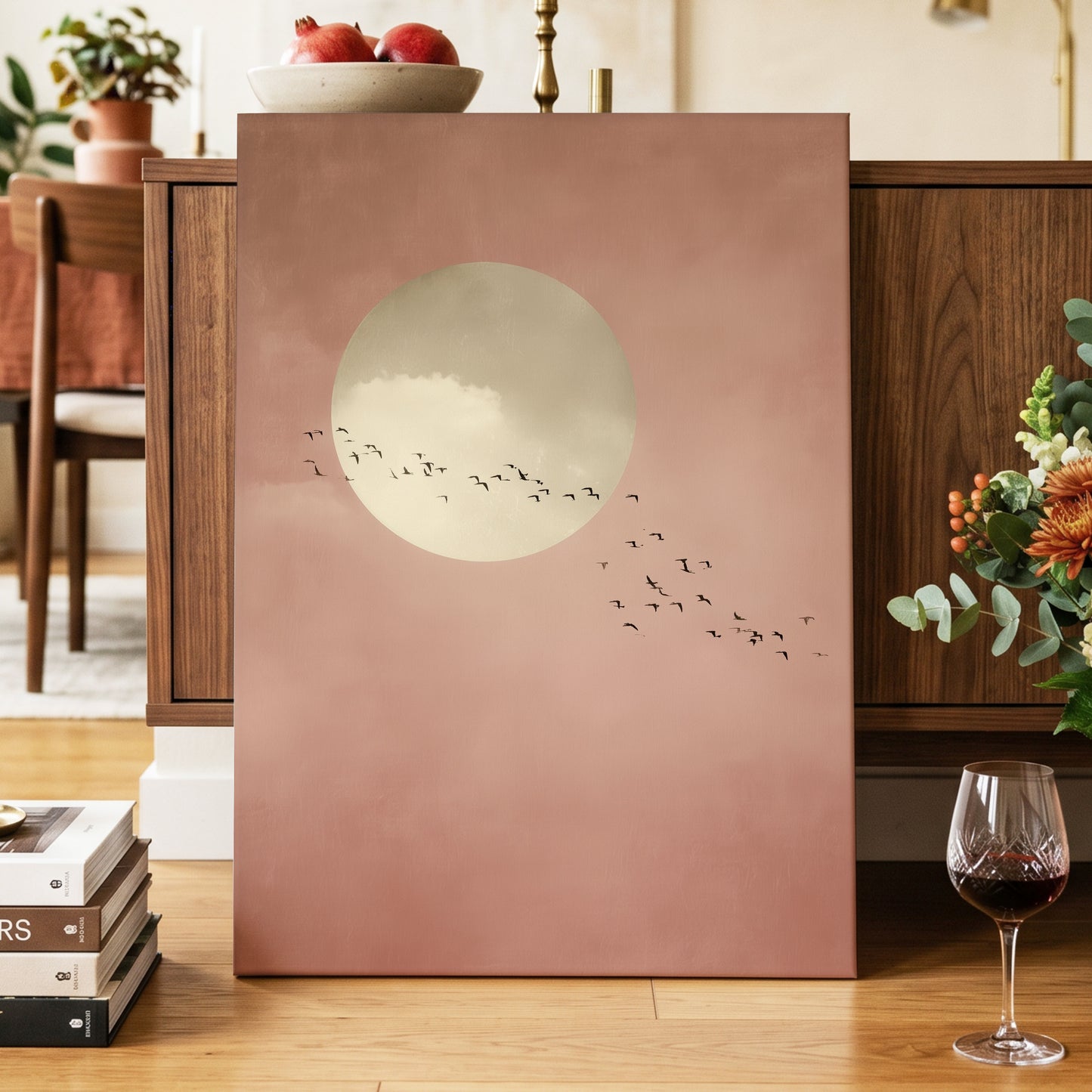 Flight Across Blush, pink, beige, white nature wall art displayed in a styled interior, gallery view 3
