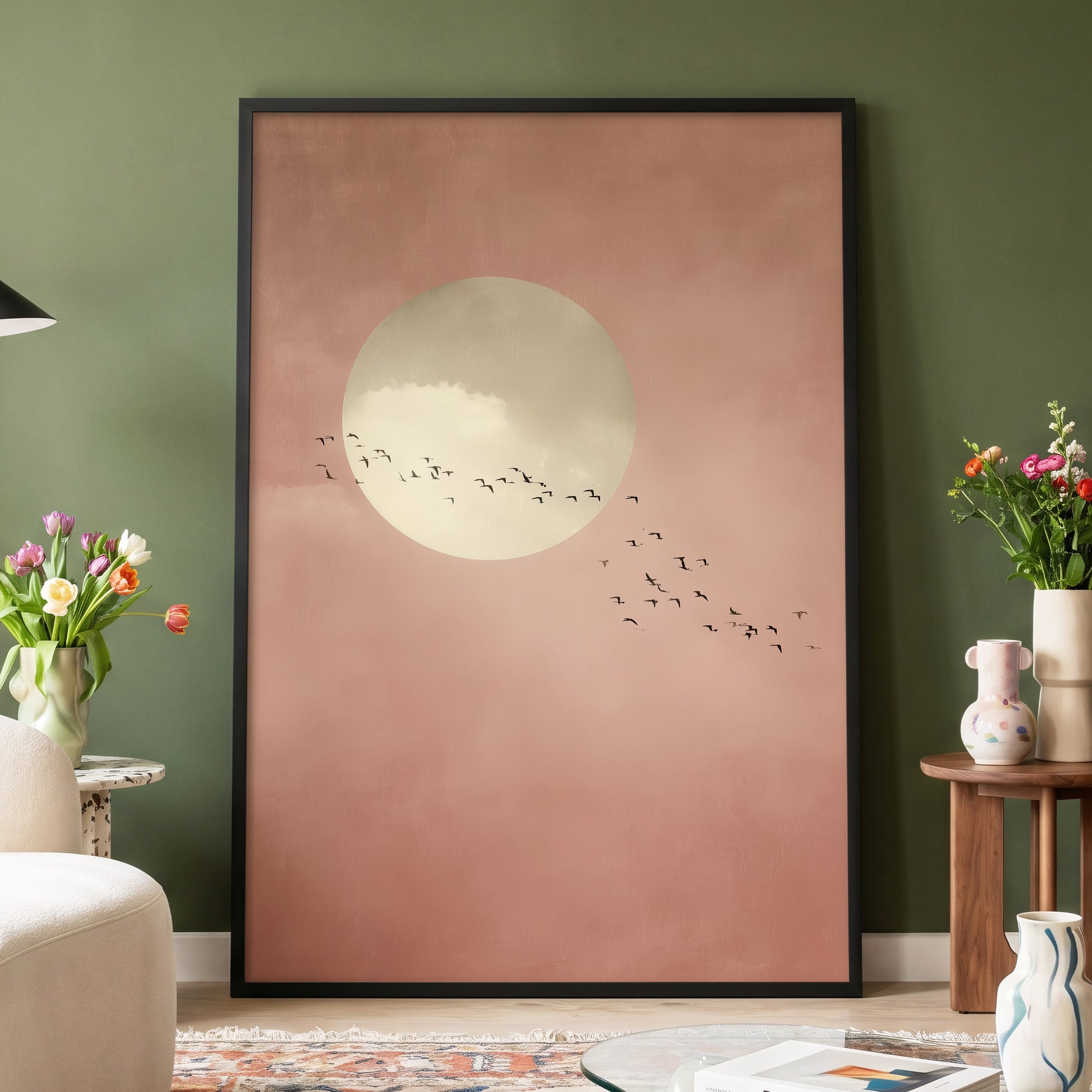 Flight Across Blush, pink, beige, white nature wall art displayed in a styled interior, gallery view 6