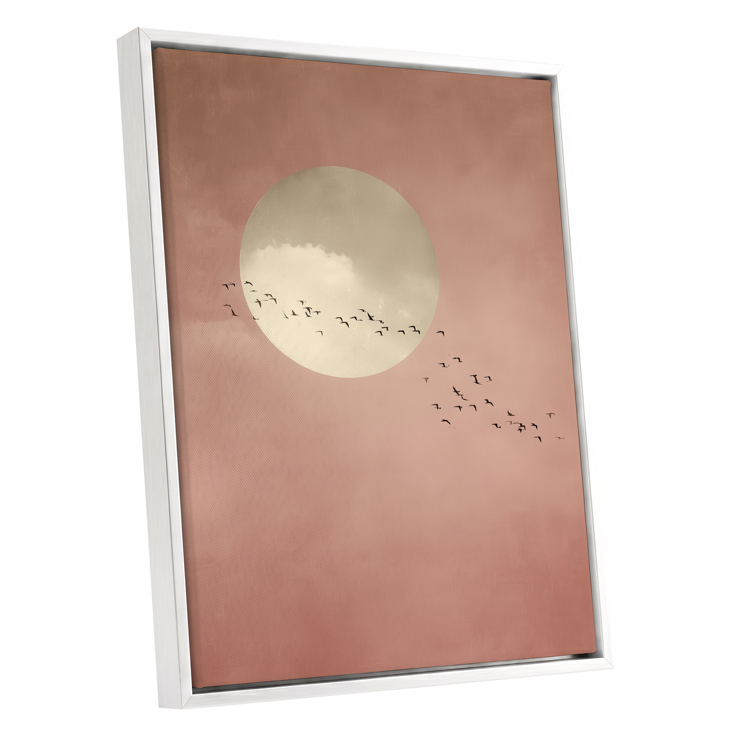 Flight Across Blush, pink, beige, white nature wall art shown as a white framed canvas wall art