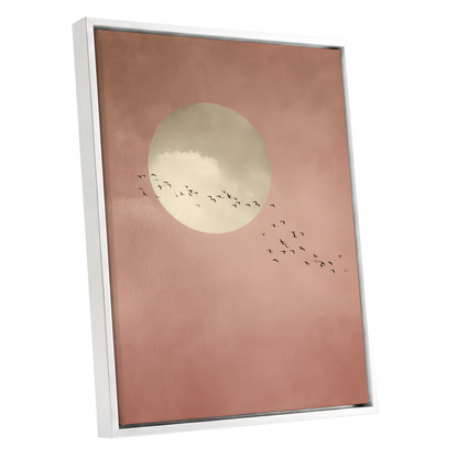 Flight Across Blush, pink, beige, white nature wall art shown as a white framed canvas wall art