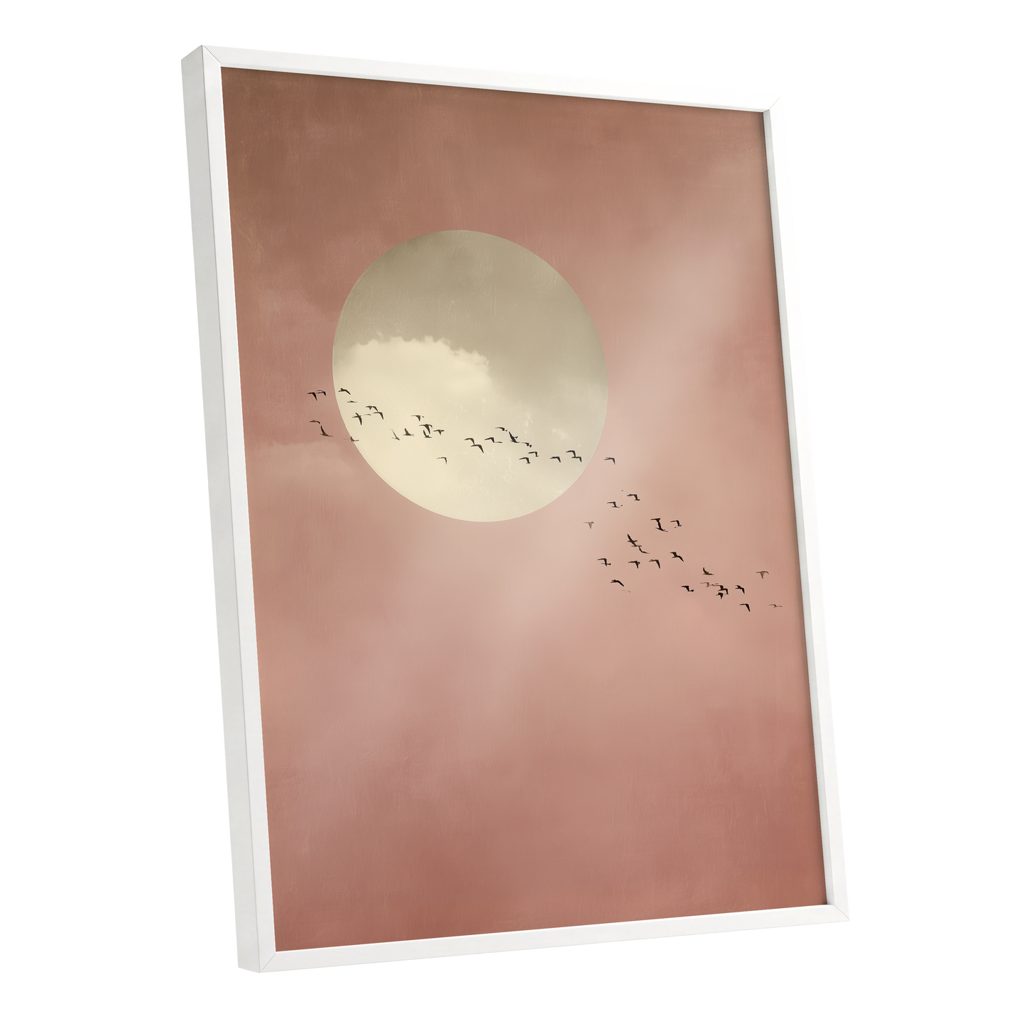 Flight Across Blush, pink, beige, white nature wall art shown as a white framed poster wall art print