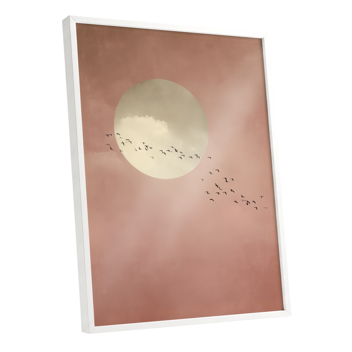 Flight Across Blush, pink, beige, white nature wall art shown as a white framed poster wall art print