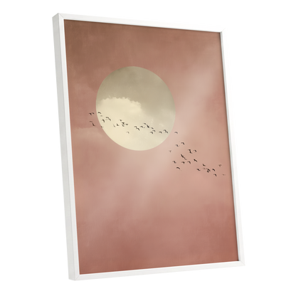 Flight Across Blush, pink, beige, white nature wall art shown as a white framed poster wall art print