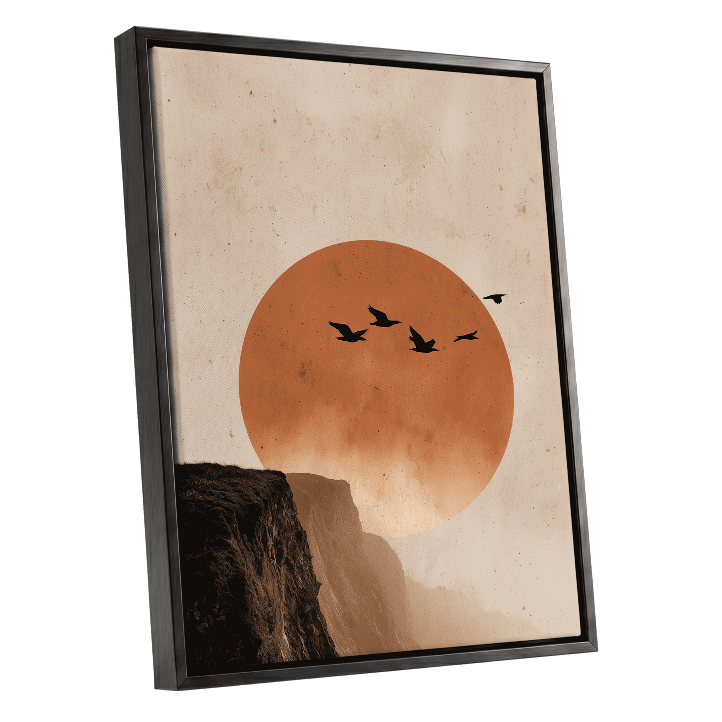 Flight Across Ember, beige, orange, black nature wall art shown as a black framed canvas wall art