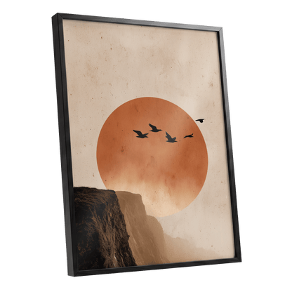 Flight Across Ember, beige, orange, black nature wall art shown as a black framed poster wall art print