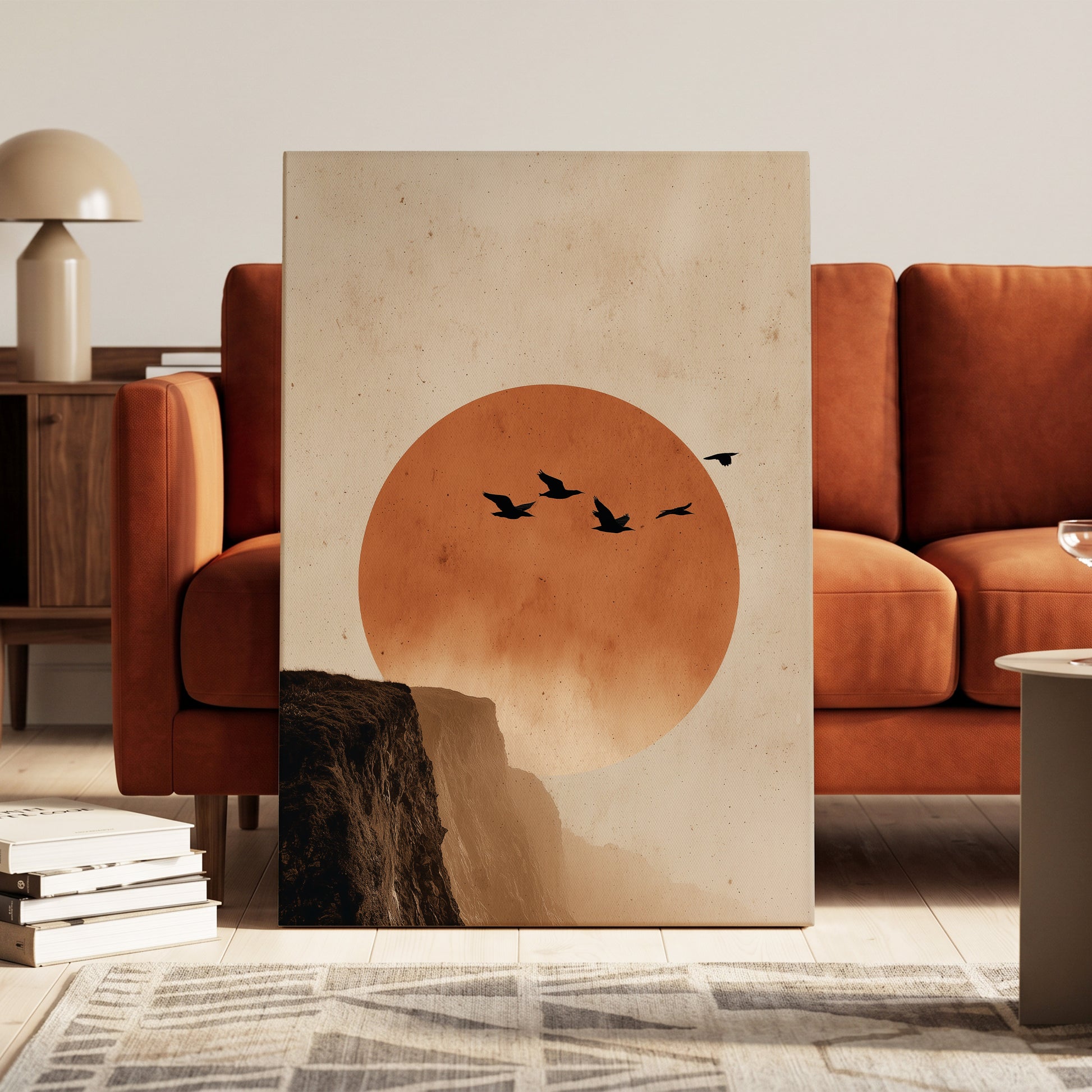 Flight Across Ember, beige, orange, black nature wall art on canvas displayed in a styled interior, gallery view 1