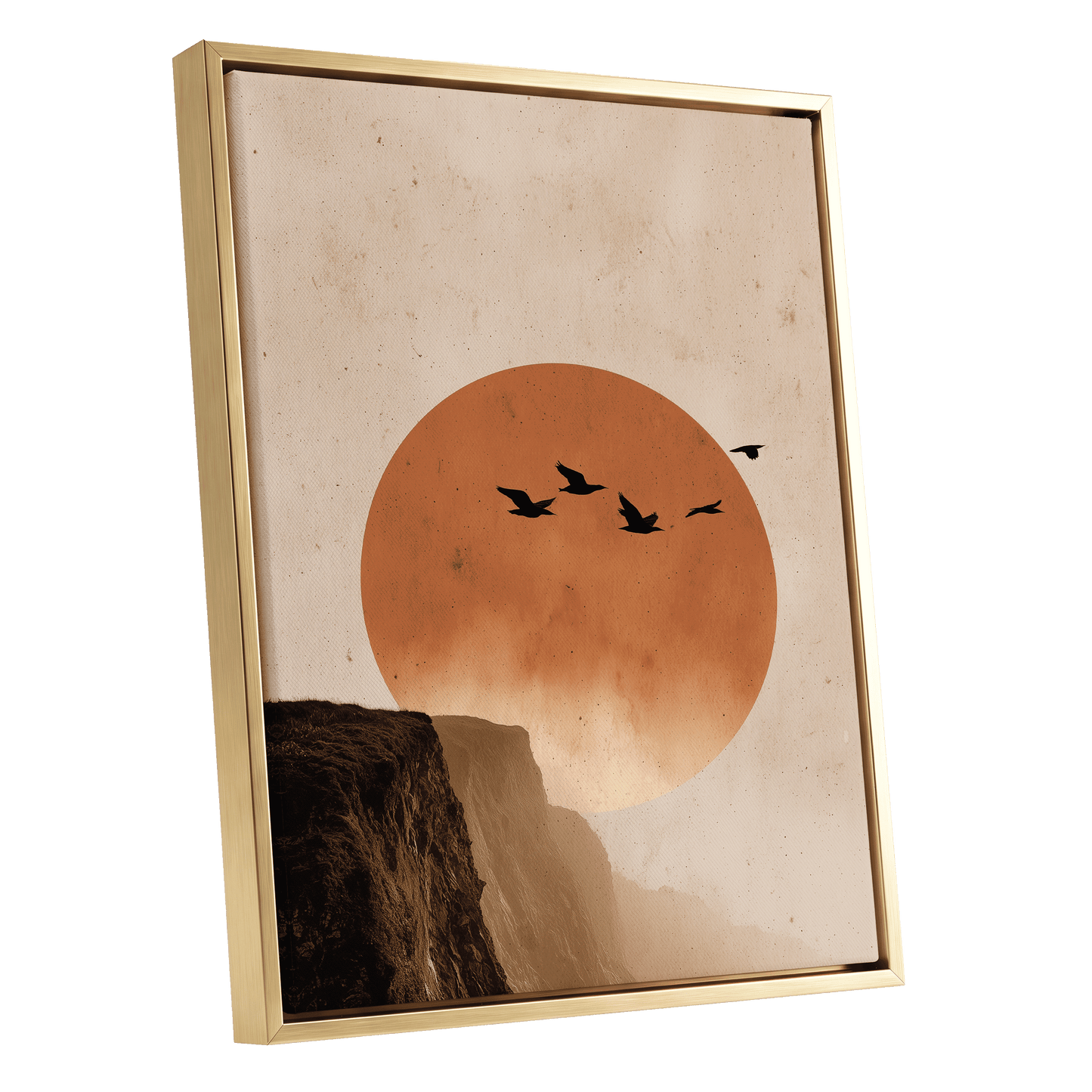 Flight Across Ember, beige, orange, black nature wall art shown as a gold framed canvas wall art