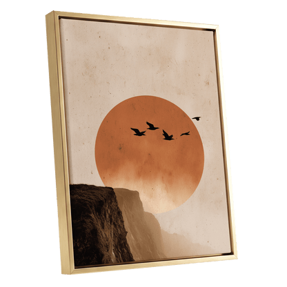 Flight Across Ember, beige, orange, black nature wall art shown as a gold framed canvas wall art