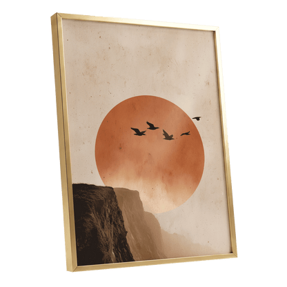 Flight Across Ember, beige, orange, black nature wall art shown as a gold framed poster wall art print
