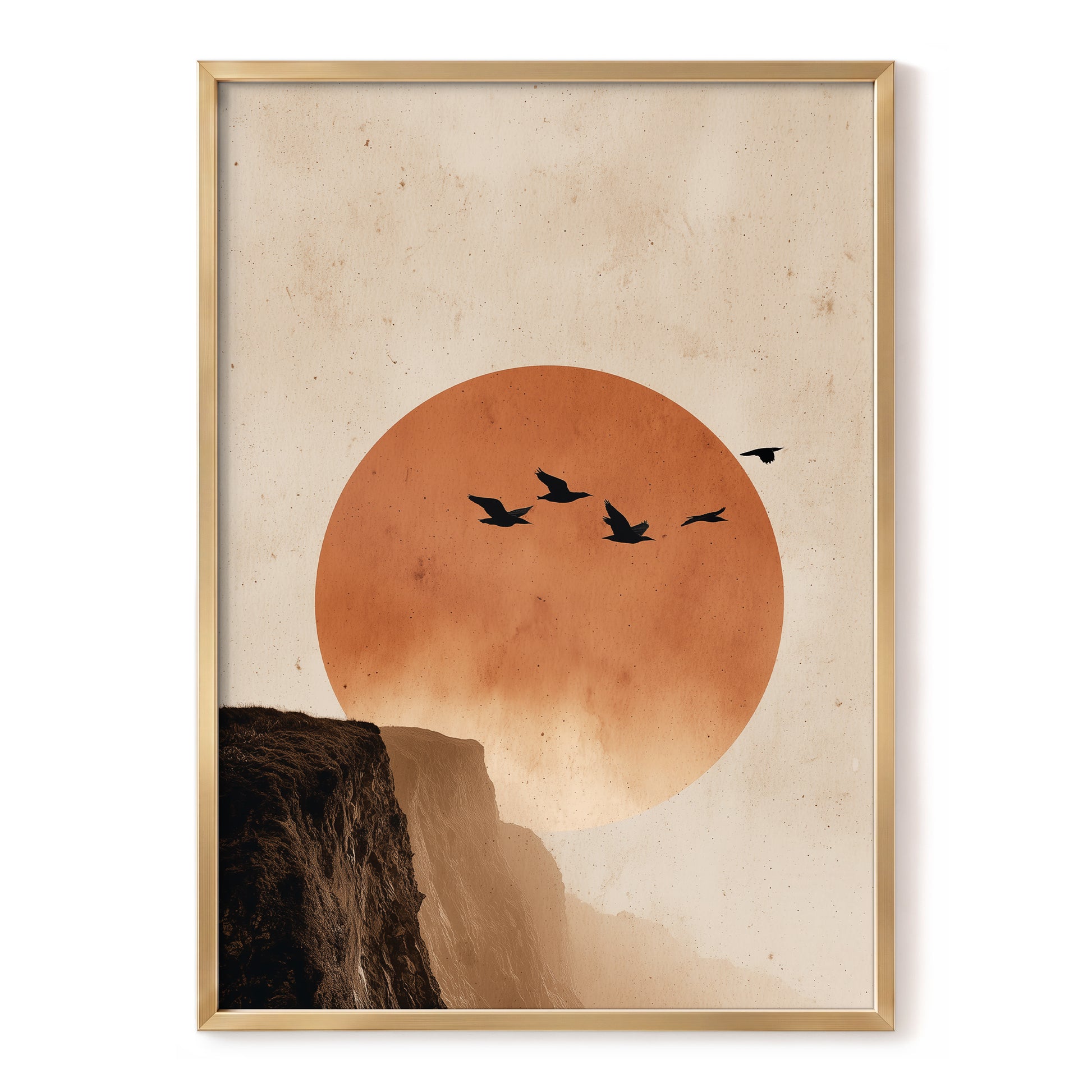 Flight Across Ember, beige, orange, black nature wall art, front artwork view