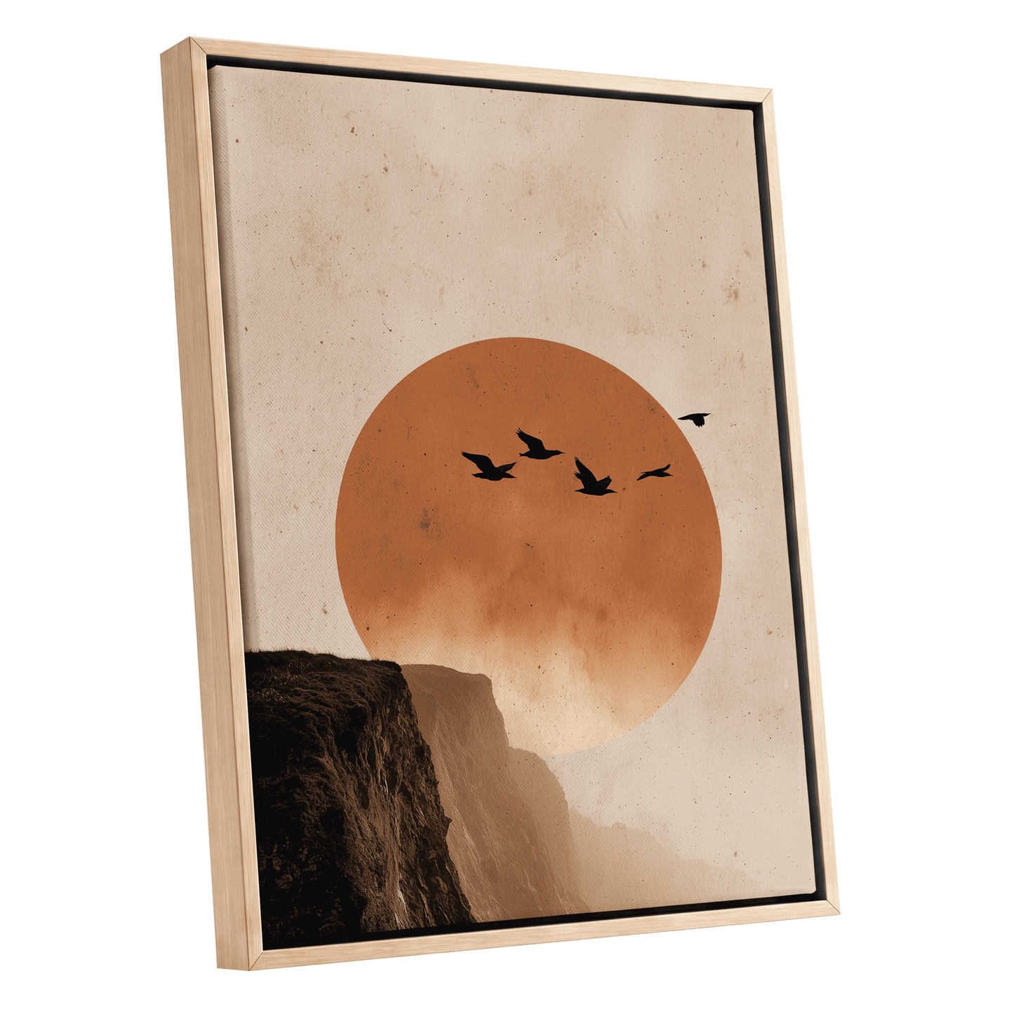 Flight Across Ember, beige, orange, black nature wall art shown as a oak framed canvas wall art