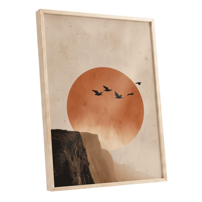 Flight Across Ember, beige, orange, black nature wall art shown as a oak framed poster wall art print