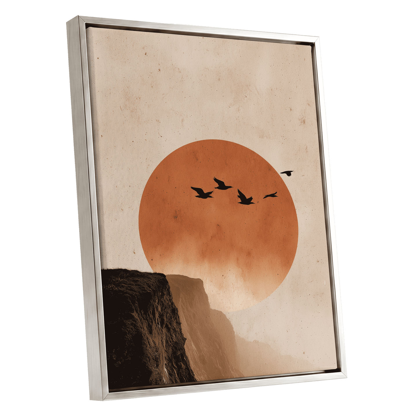 Flight Across Ember, beige, orange, black nature wall art shown as a silver framed canvas wall art